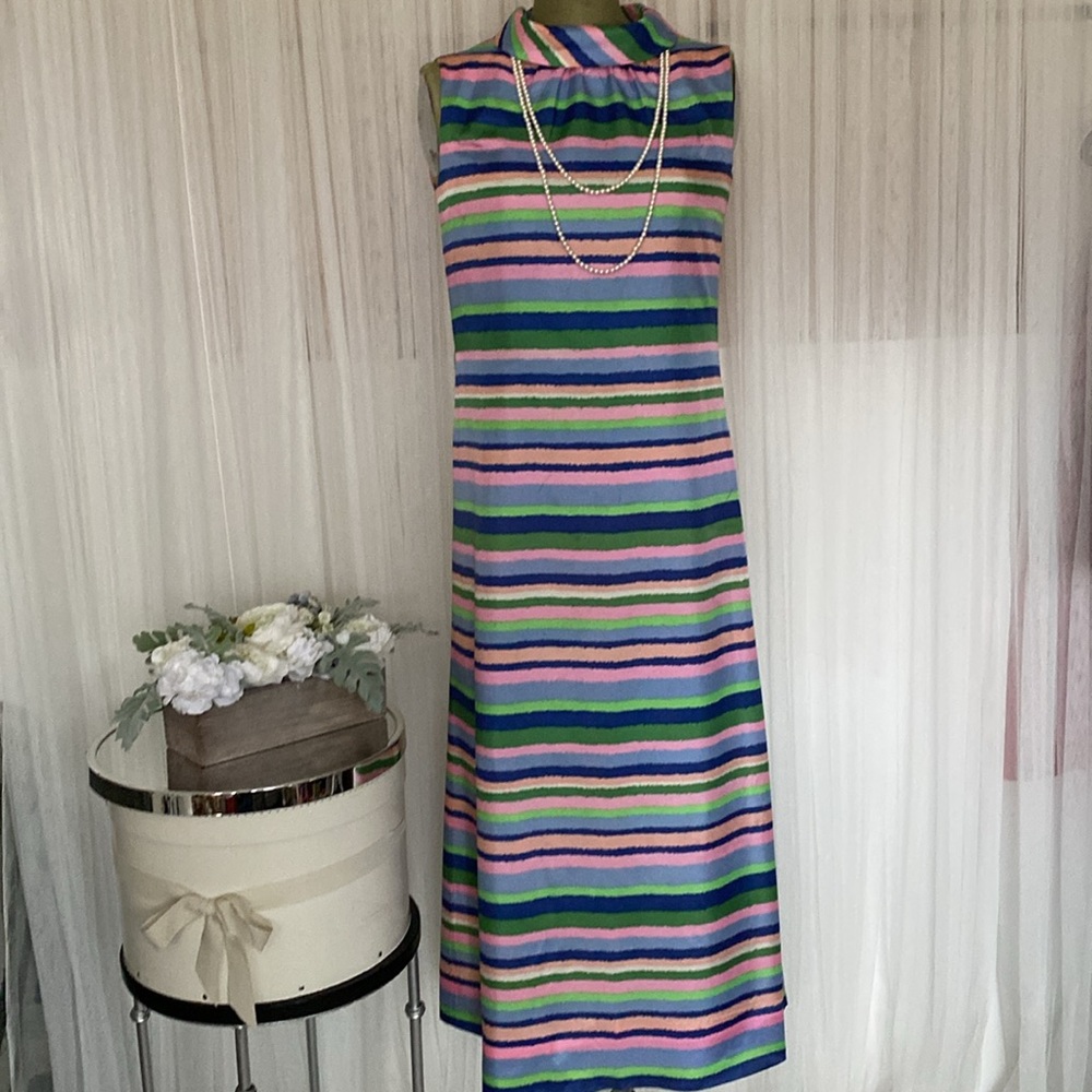 Dynasty vintage 60’s Striped Multicolor Sleeveless silk Dress S/M